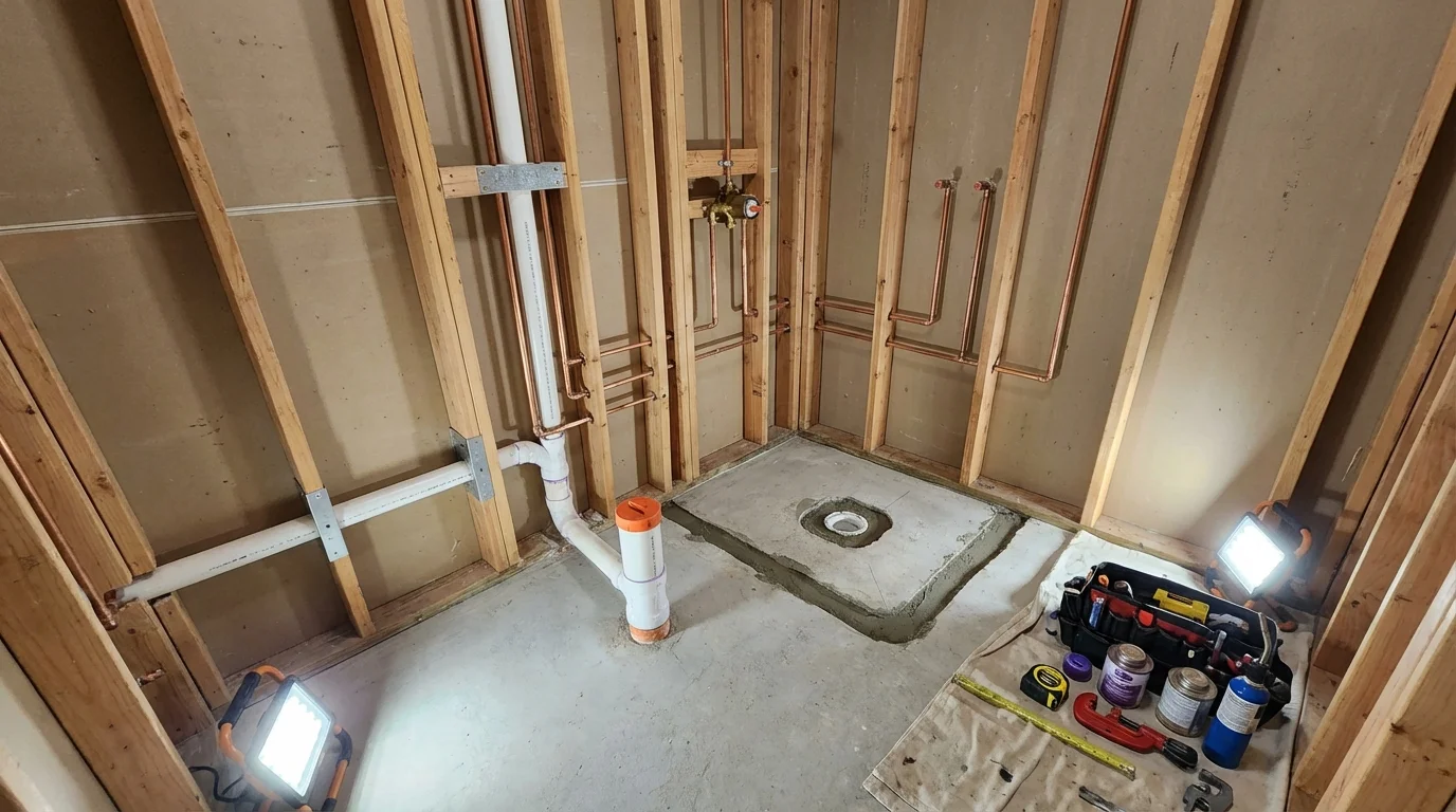 Bathroom rough-in plumbing during remodel by Johns Plumbing LLC in Egg Harbor City