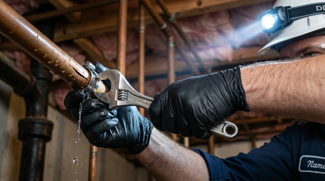 Emergency pipe clamp repair being performed by a Johns Plumbing LLC plumber in Egg Harbor City