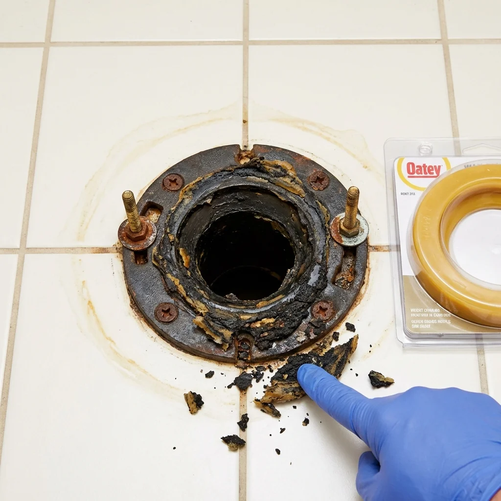 Failed wax ring showing water seepage at the base of a toilet in a Egg Harbor City, NJ home