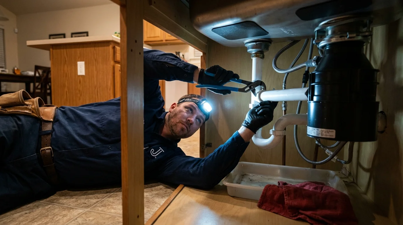 P-trap and supply line connections under a kitchen sink showing a common leak point in Egg Harbor City, NJ
